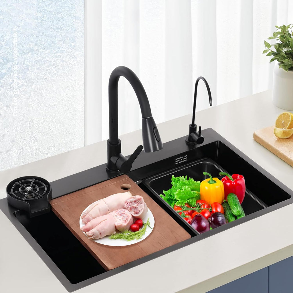 DYRABREST 29.5 Inch Stainless Steel Kitchen Sink Multi-Function Commercial Sink Set with Cutting Board & Basin-in-Basin, Drop-In/Undermount Install, Cup Rinser and Drainer for Restaurant Home (Black)