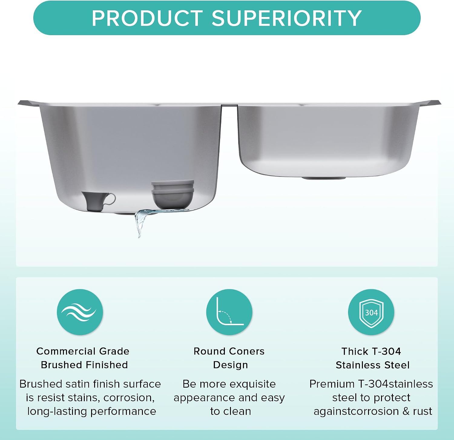 Rhbamoa 33''x22'' Drop In Kitchen Sink,T304 Stainless Steel Sink,50/50 Double Bowl Kitchen Sinks 33 Inch,10'' & 7'' Deep Top Mount Double sinks with 3 Faucet Holes