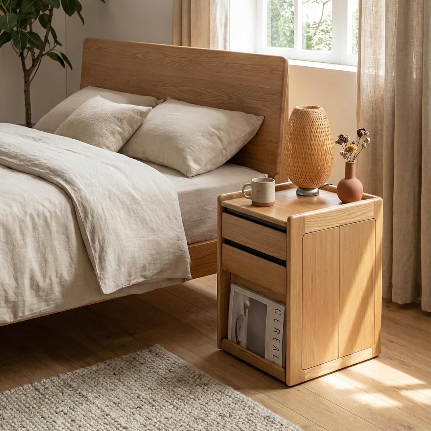 YESWOOD Solid Oak Wood Side Table with Wheels, Rolling Side Table with Storage, Narrow Bed End Tables for Bedroom, Living Room, Study(Natural, 19.69' D x 14.96' W x 22.76' H)