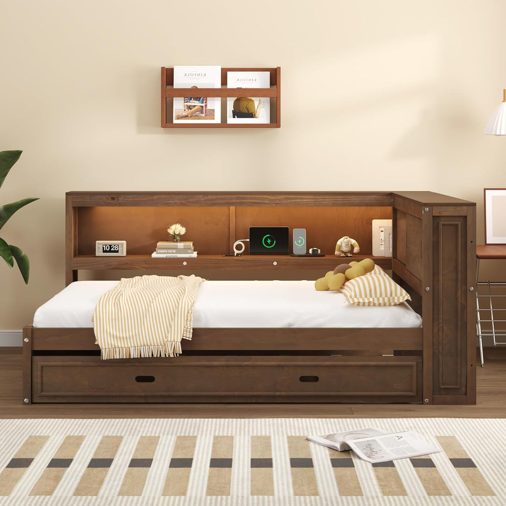 Merax Full Size Daybed Frame with Trundle Bed for Kids, Daybed Full Size with Storage Shelves and Headboard, Wood Corner Bed with USB Ports and LED for Living Room, Brown
