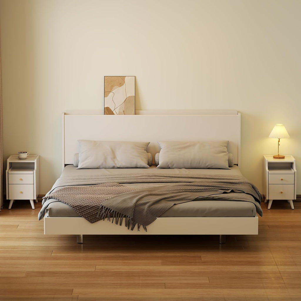 AQIMUELE Wood Nightstand, White Nightstand with 2 Drawers, Bedside Table for Bedroom