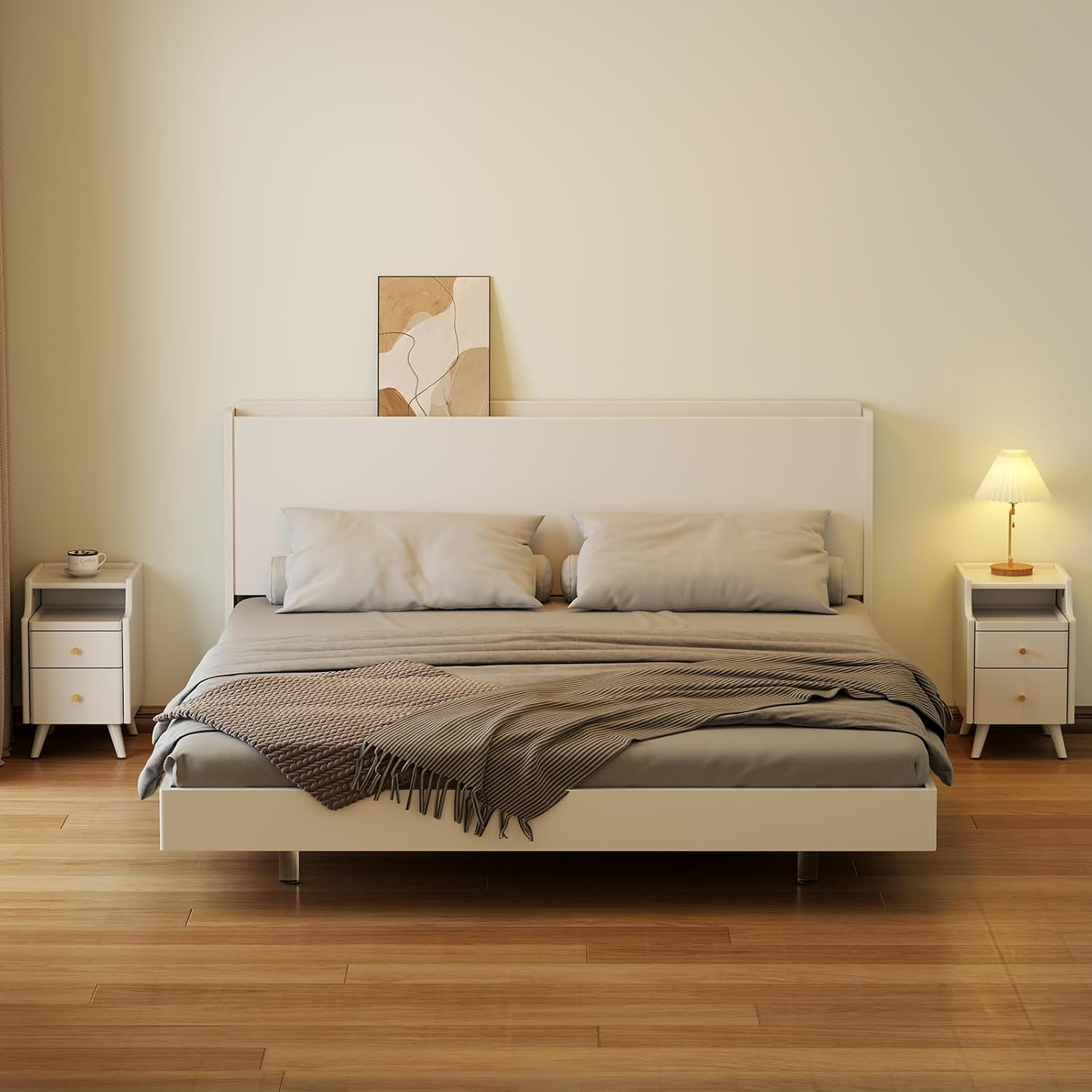 AQIMUELE Wood Nightstand, White Nightstand with 2 Drawers, Bedside Table for Bedroom