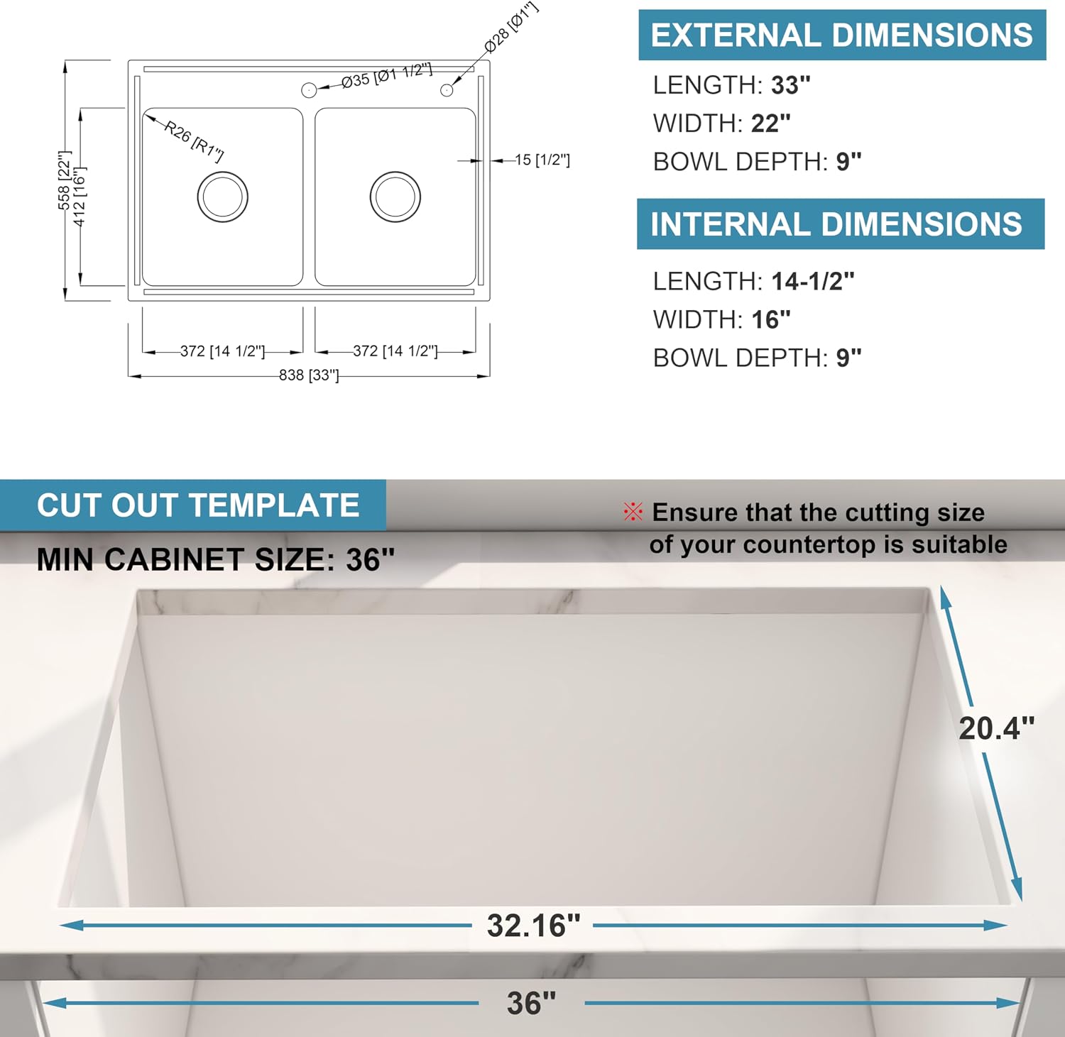 33 Inch Drop In Double Bowl Kitchen Sink, 33x22 Topmount 16 Gauge 304 Stainless Steel 50/50 Commercial Grade Kitchen Sinks, Strainer and Grid Included, 33' x 22' x 9'
