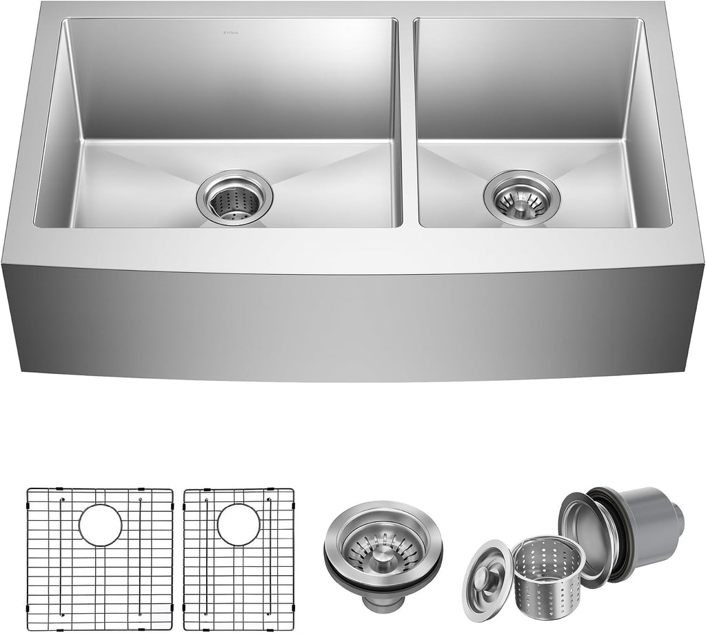 Kraus KHF203-36 Standart PRO Kitchen Stainless Steel Sink, 36 Inch Round Apron 60/40 Double Bowl