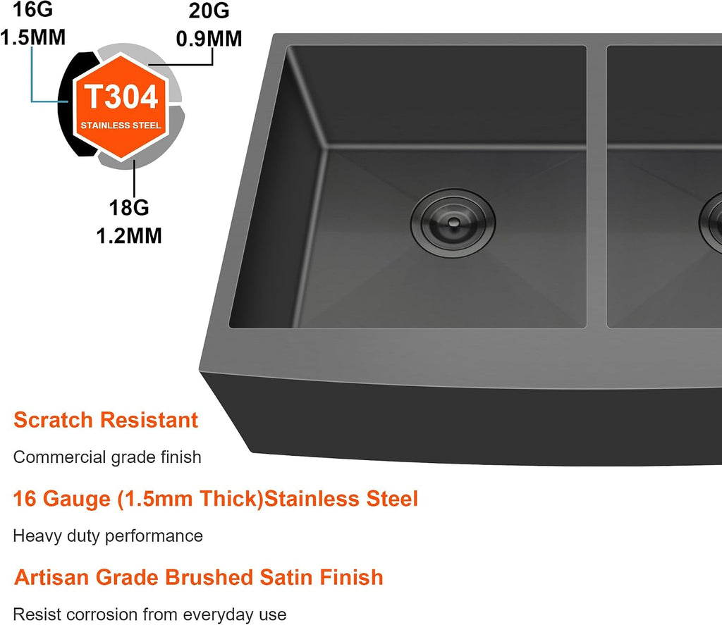 36 Inch Black Double Bowl Farmhouse Kitchen Sink, Undermount 50/50 Apron Front 16 Gauge 304 Stainless Steel Matte Black Sinks, Accessories Included, 36' x 21' x 10'