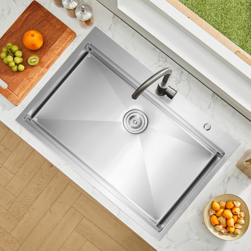 VEVOR Drop In Kitchen Sink 33 Inch Kitchen Sink Workstation, 304 Stainless Steel Top Mount Sinks, Drop-In Single Bowl with Ledge & Multiple Accessories Sink for RV, Prep Kitchen, Bar 33 x 22 x 9inch