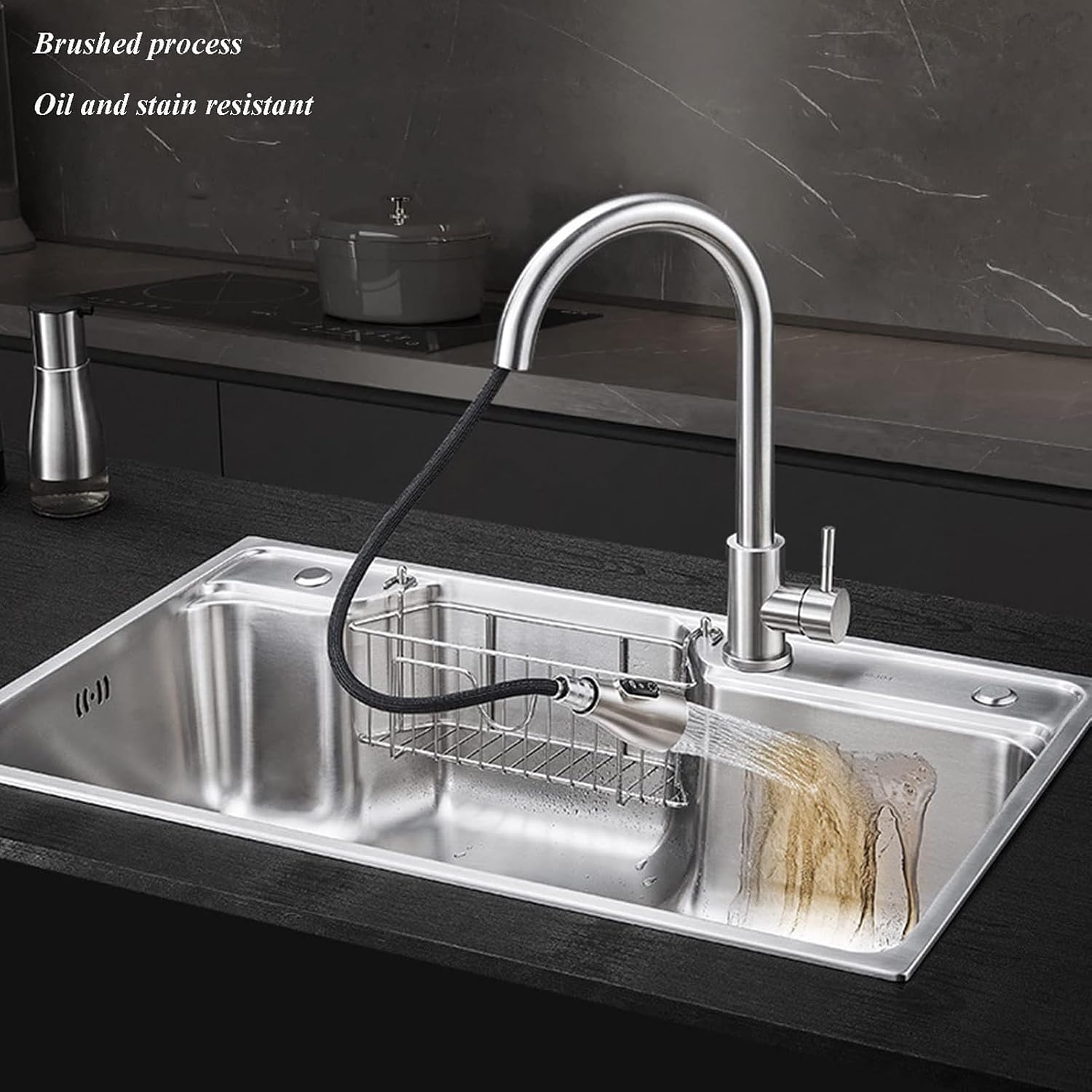 304 Stainless Steel Single Bowl Kitchen Sinks, Rectangular Handmade Large Kitchen Sink with Faucet Combo and Hanging Basket, 3 Holes Available, Silver,68 * (