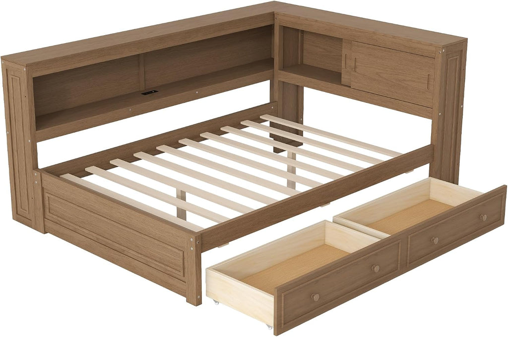 Merax Full Size Daybed Frame with 2 Drawers for Kids, Daybed Full Size with Storage Shelves and Headboard, Wood Corner Bed with USB Ports and LED for Living Room, Antique Wood