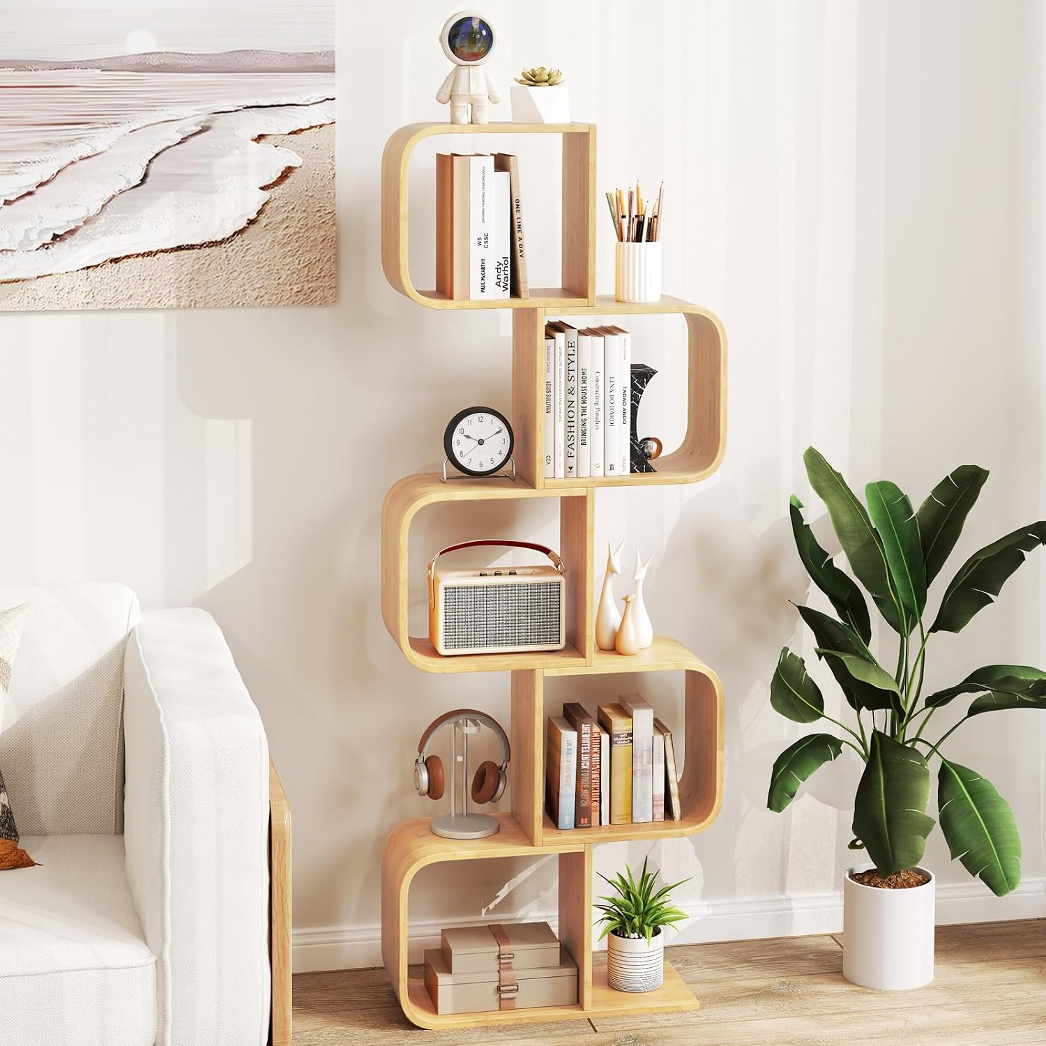 Giantex 5-Tier S-Shaped Bookcase, Bamboo Bookshelf with Open Cubes, Geometric Corner Display Shelf, Decorative Storage Organizer, Floor Storage Rack for Living Room, Home Office, Natural