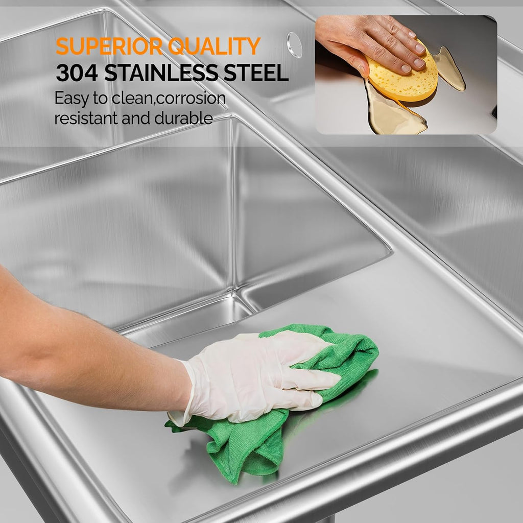 ROVSUN Commercial Sink, Stainless Steel with 3 Compartment and Right Side Drainboard, 43.9' x 20' x 43.3' Freestanding Kitchen Utility Sink, Bowl Size 10' x 14' x 10', Silver