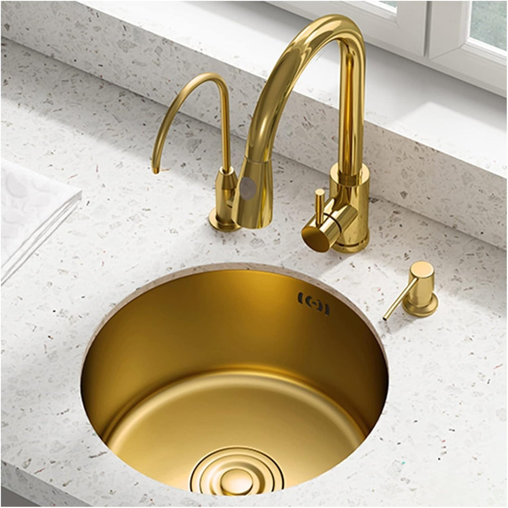 Gold Single Bowl Kitchen Sink Stainless Steel Small Bar Sink with Faucet and Drain Kit Drop-in Or Undermount (Color : Gold-2, Size : 36x36cm) (Gold3 36x36cm)
