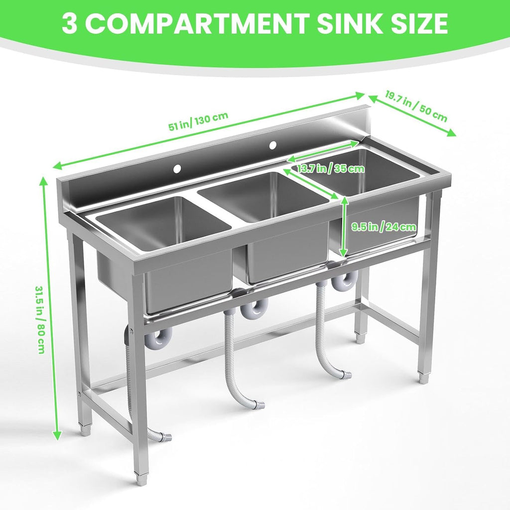 3 Compartment Sink Commercial, Stainless Steel Utility Sink for Restaurant Bar Kitchen, Extra Large Triple Bowl Commercial Sink for Food Prep and Cleaning (3 Compartment)