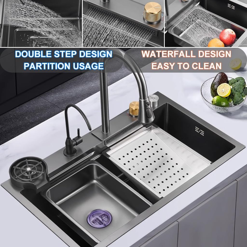 304 Stainless Steel Single-Bowl Kitchen Workstation Sink Nano-Coated Workstation Sink With Pull-Out Faucet And Cup Washer Complete Accessory Set (Color : Black, Size : 80x45x22cm) (Black 80x45x22