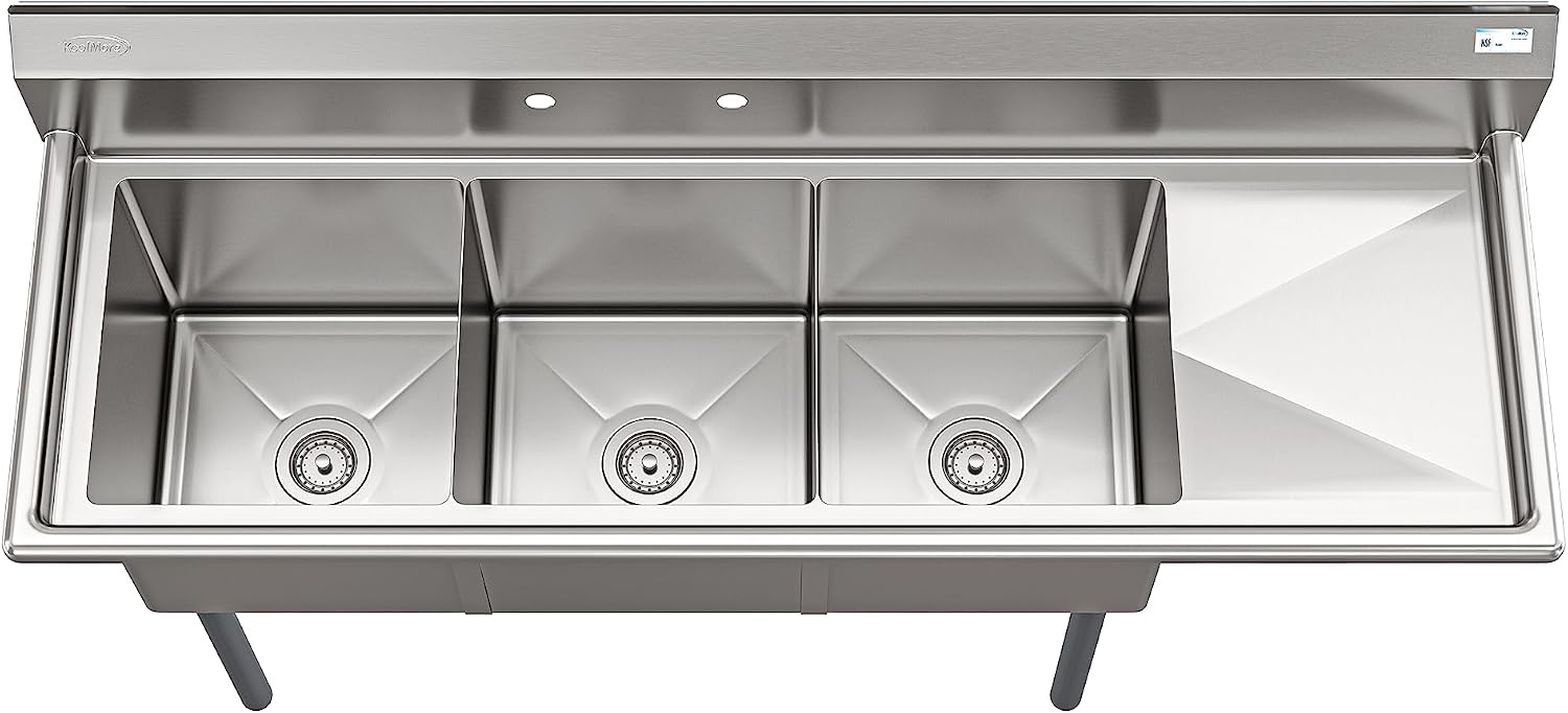 KoolMore 63 in. Three Compartment 16-Gauge Stainless-Steel NSF Commercial Kitchen Sink, Bowl Size 15x15x14, with Three Basins for Restaurants and Cafes with Right Drainboard (KM-SC151514-15R316)