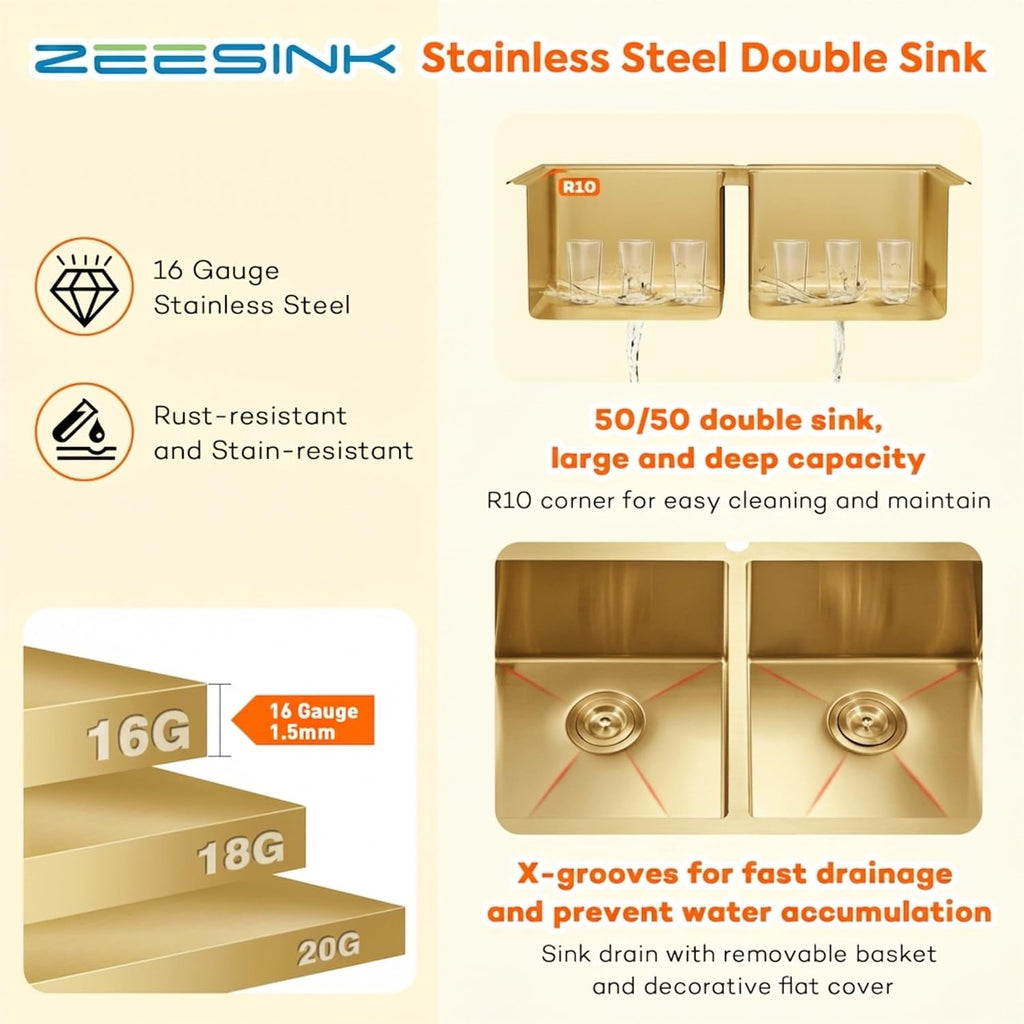 Gold Kitchen Sink,33 X 22 inch Drop in Kitchen Sinks Double Bowl,16 Gauge Stainless Steel 50/50 Double Sink,Top Mount/Drop In Double Kitchen Sink 33 inch