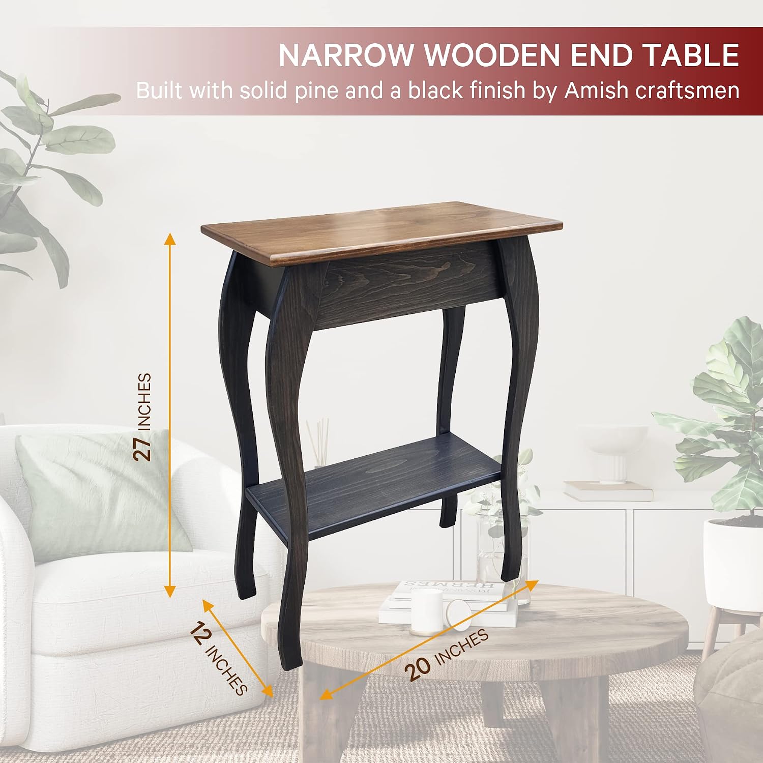 Peaceful Classics Wooden End Table- Amish Handmade Slim Side Table for Living Room, Bedroom, Entry Way, & Hallway, Thin Narrow End Table with 2-Tiered Shelves for Display & Storage, Mocha
