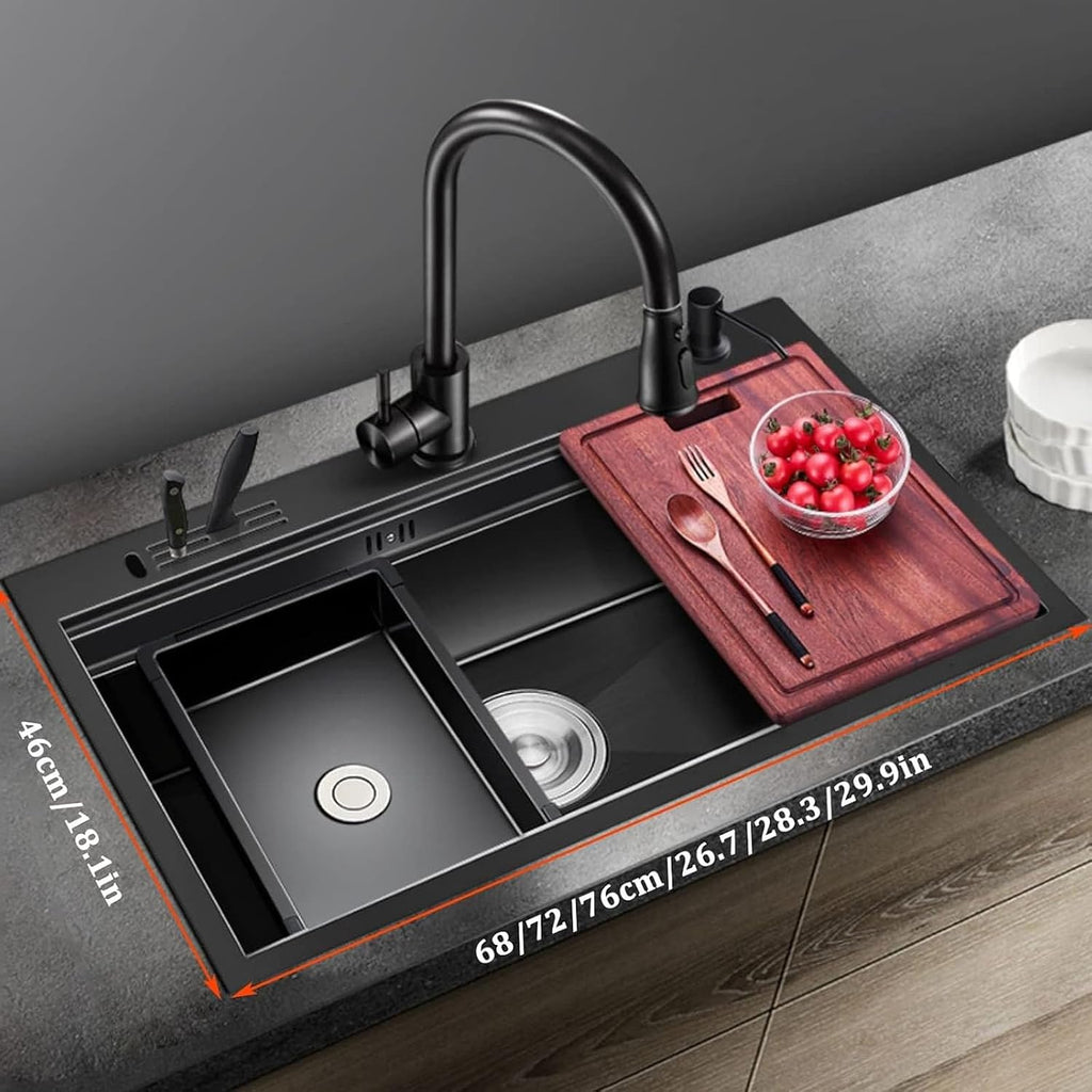 304 Stainless Steel Kitchen Sink Black Nano Single Bowl Bar Sink Multi-Function RV Sink Pull-Out Faucet and Drainage Components Drop in Or Under Mount (Color : Black, Size : 68x46x21cm) (Black 68