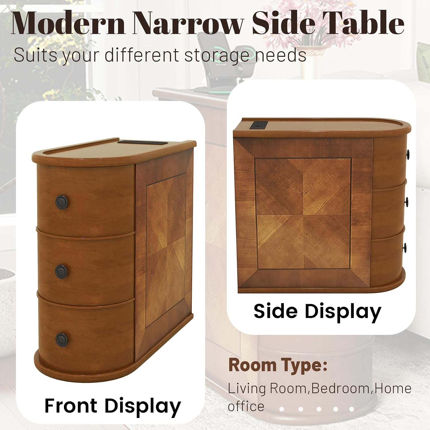 Wood Narrow End Table with Charging Station, 3-Drawer Tall Side Table Slim Sofa Chair Couch Accent Tables for Small Spaces,Living Room, Bedroom, Fully Assembled, Brown