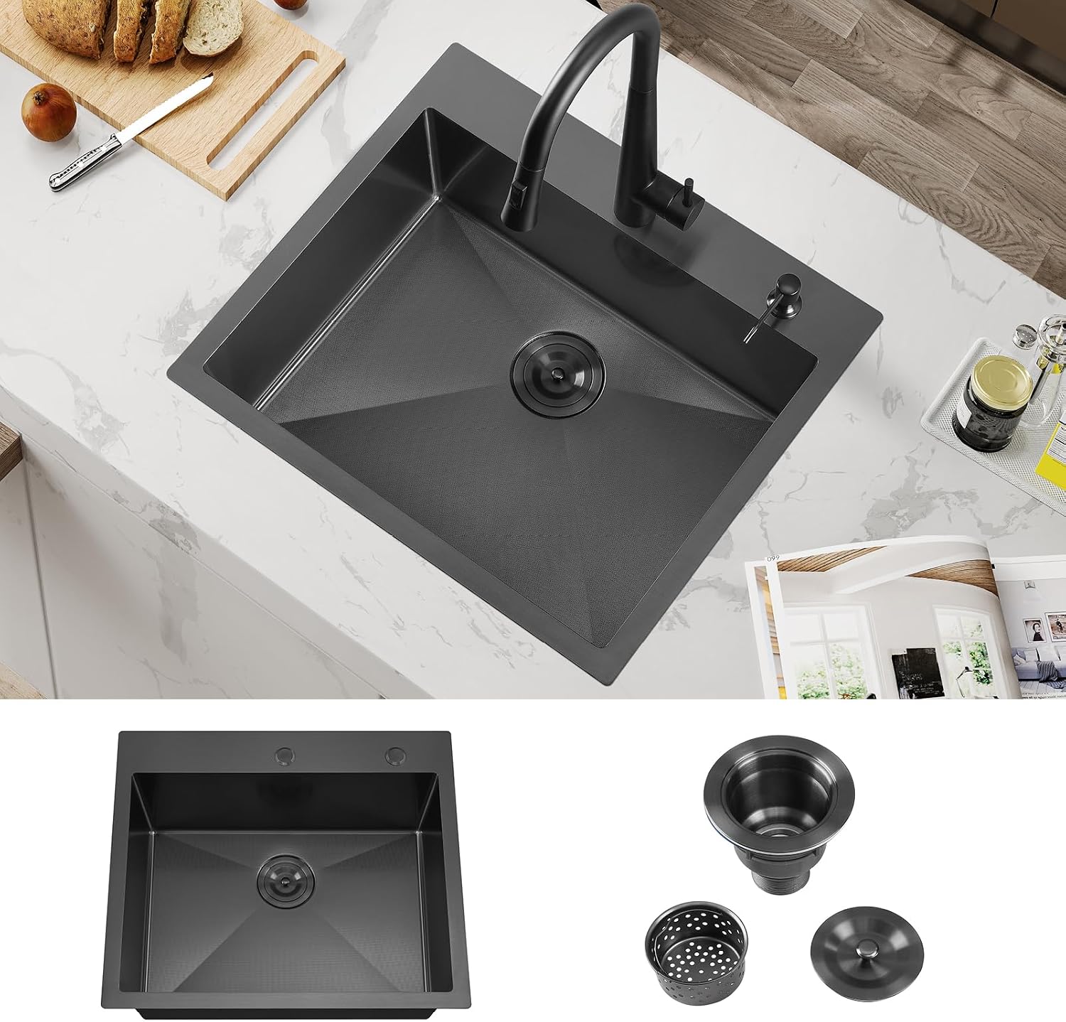 ATTOP 25 Inch Black Drop in Stainless Steel Medium Single Bowl Kitchen Sink,25x22 Nano Black Handmade Single Bowl Drop in Kitchen Sink