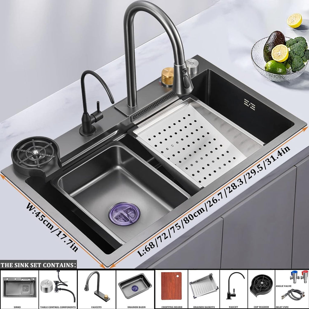 Generic Single Bowl Kitchen Sink 304 Stainless Steel Single Bowl Bar Prep Sink RV Sink with Faucet Cup Washer Drain Assembly Drop in Or Under Mount (Color : Black, Size : 68x45x22cm)