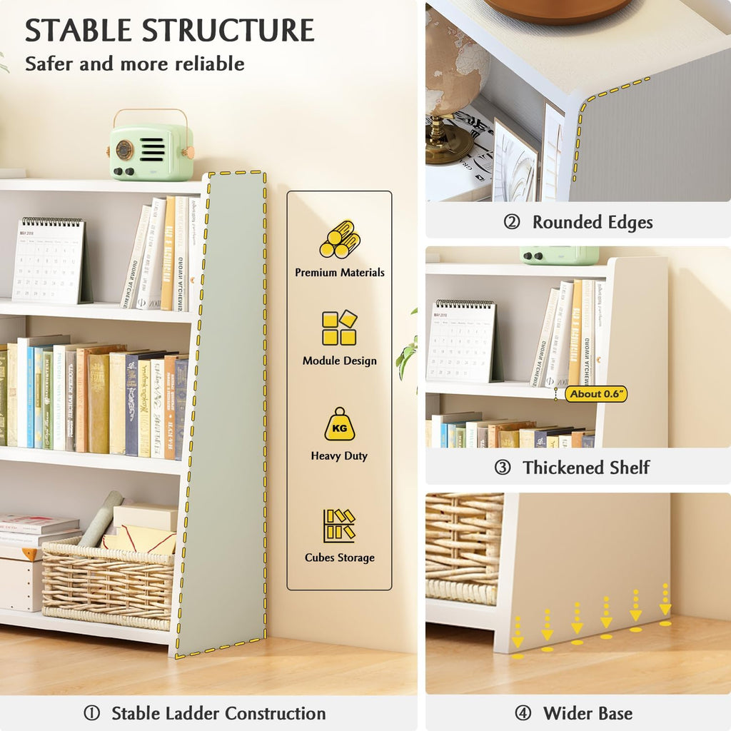 IOTXY Wooden Extendable Shelf Bookcase - 3-Tier Ladder Low Short Bookshelf for Small Space or Corner, Black, S