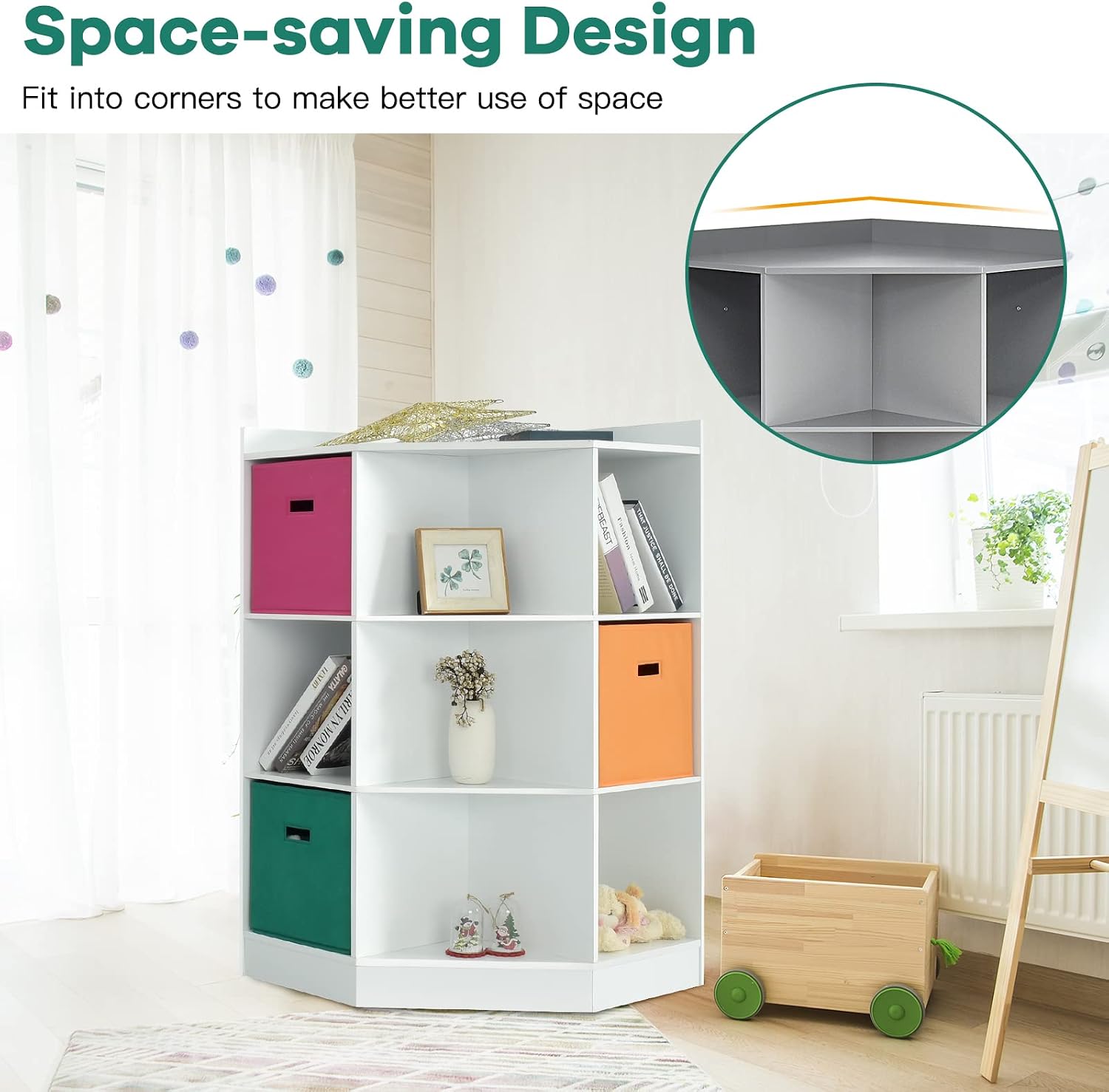 Costzon 9-Cubby Kids Bookcase with Large Storage Drawers, Children's Corner Cabinet with 6 Cubes and 3 Shelves, Wooden Storage Sideboard Suitable for Kids Room Playroom Classroom (White)
