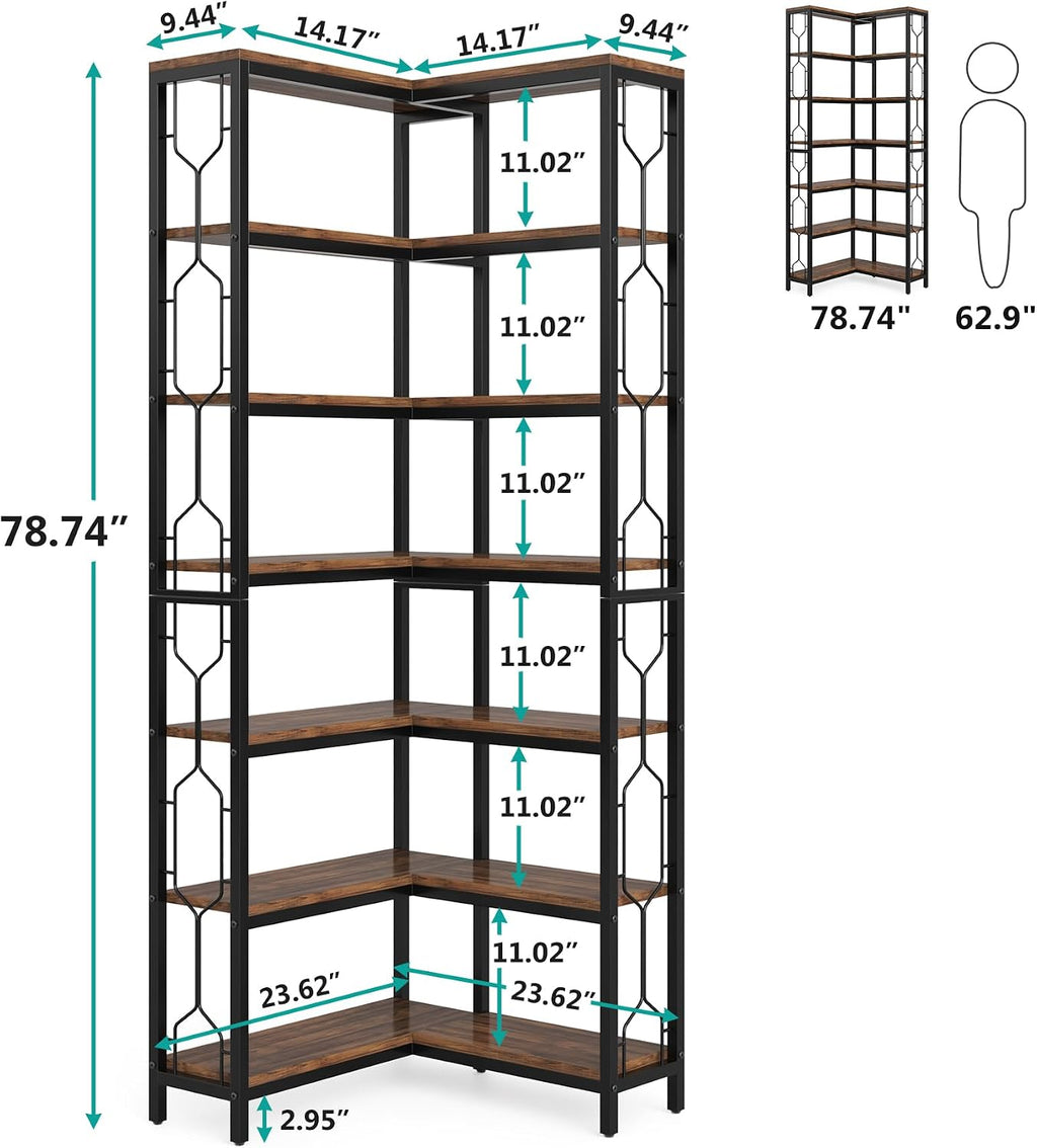 LITTLE TREE Corner Bookshelf, 7-Tier Bookcase, Tall Book Shelf Modern Book Case for Books, Garage Kit, CDs, Movies, Industrial Storage Organizer for Bedroom Home Office Kitchen Living Room, Brown