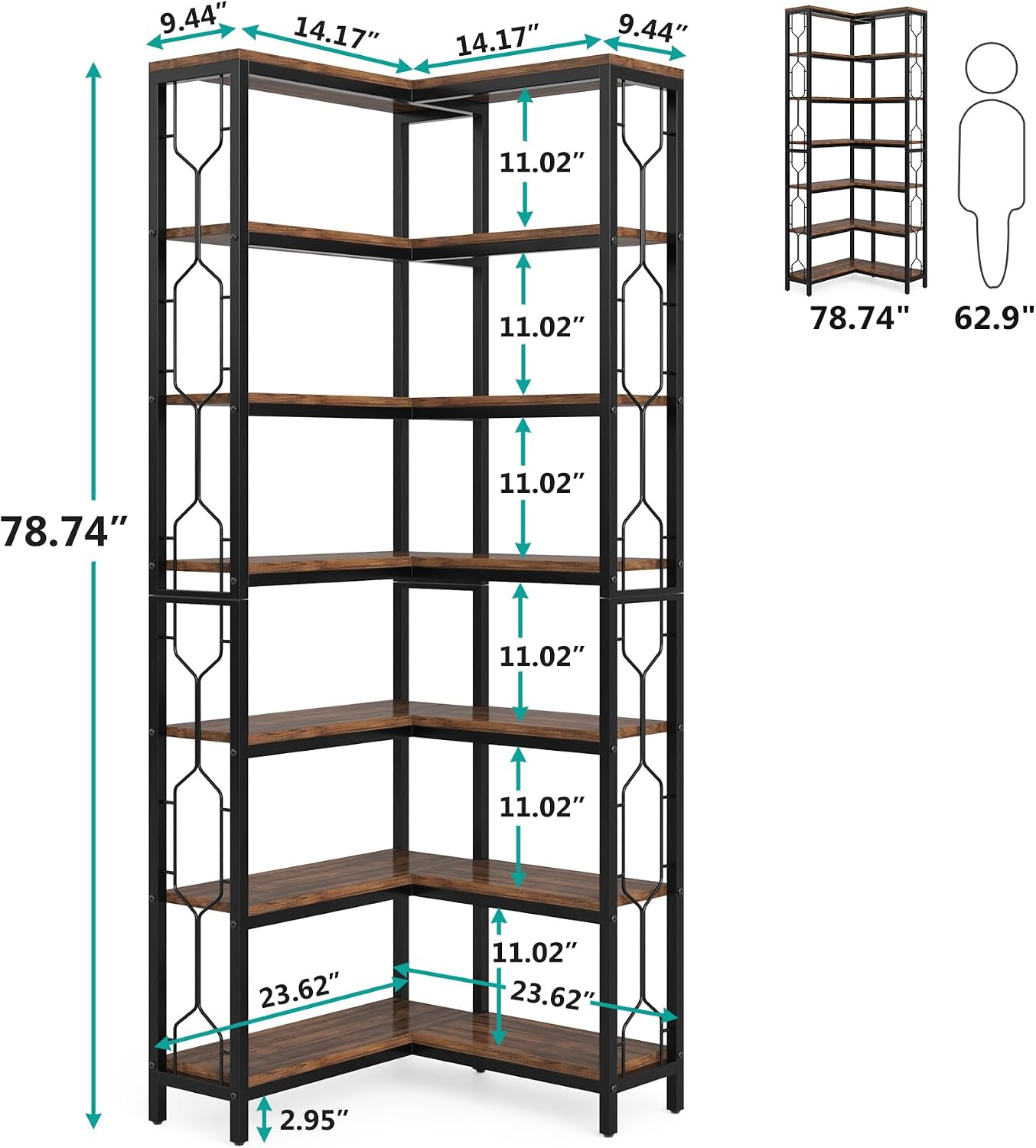 LITTLE TREE Corner Bookshelf, 7-Tier Bookcase, Tall Book Shelf Modern Book Case for Books, Garage Kit, CDs, Movies, Industrial Storage Organizer for Bedroom Home Office Kitchen Living Room, Brown