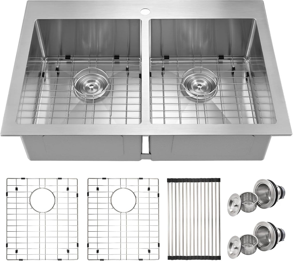 33 X 22 inch Drop in Kitchen Sinks Double Bowl,16 Gauge Stainless Steel 50/50 Double Sink,Top Mount/Drop In Double Kitchen Sink 33 inch
