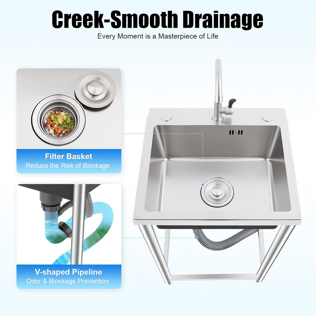 Utility Sinks Commercial Stainless Steel Sink Freestanding Triple Bowl Kitchen with 2 Cold and Hot Water Faucets Hoses Drain Kit Indoor Outdoor for Kitchens Garage Laundry Room