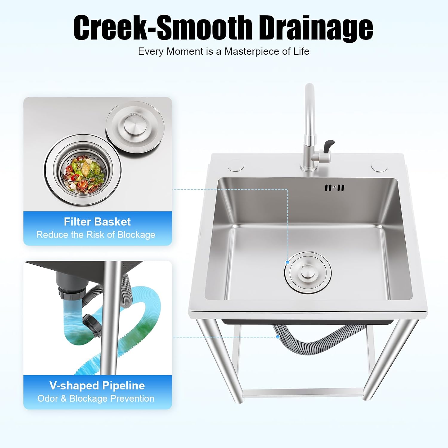 Utility Sinks Commercial Stainless Steel Sink Freestanding Triple Bowl Kitchen with 2 Cold and Hot Water Faucets Hoses Drain Kit Indoor Outdoor for Kitchens Garage Laundry Room
