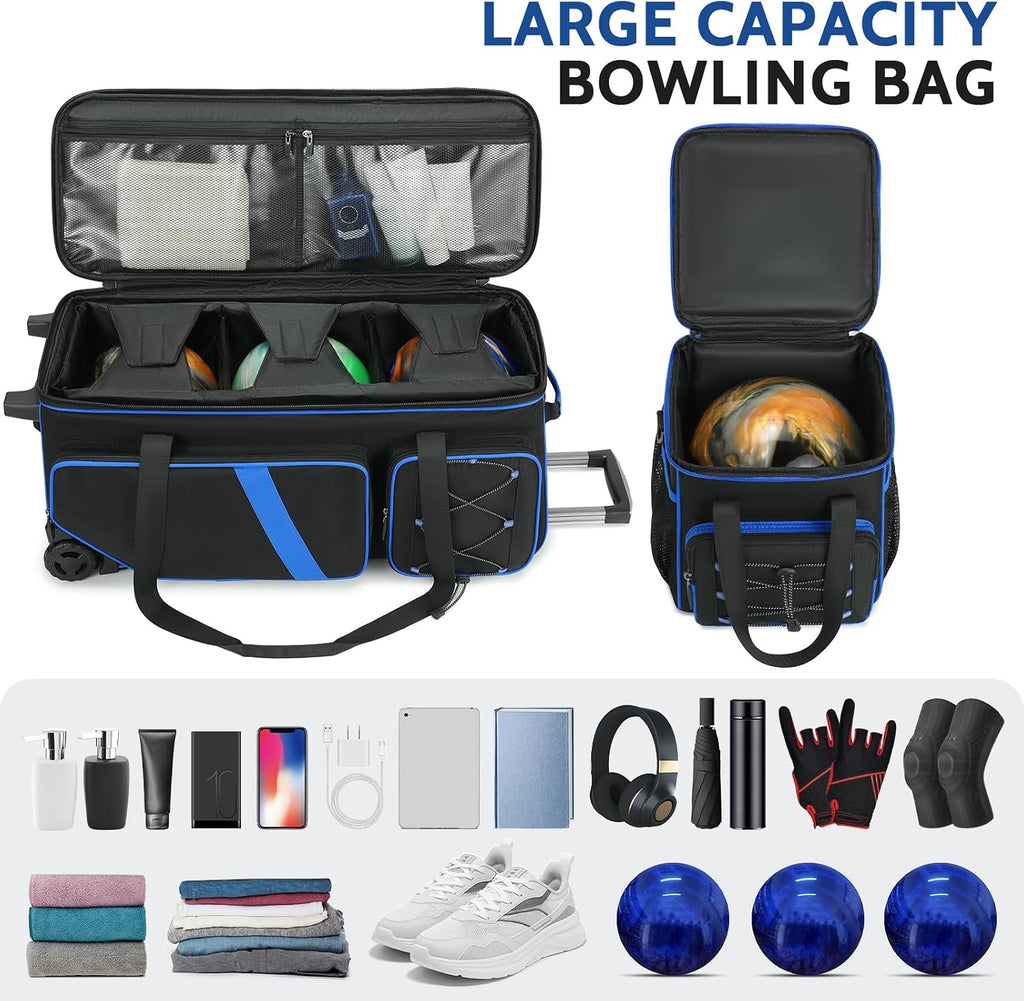 4 Ball Bowling Bag with Wheels, 3 Ball Bowling Bags Roller with 1 Ball Add On Bag, Multi-Pockets & Shoe Compartment (Fits Up to Size 16)
