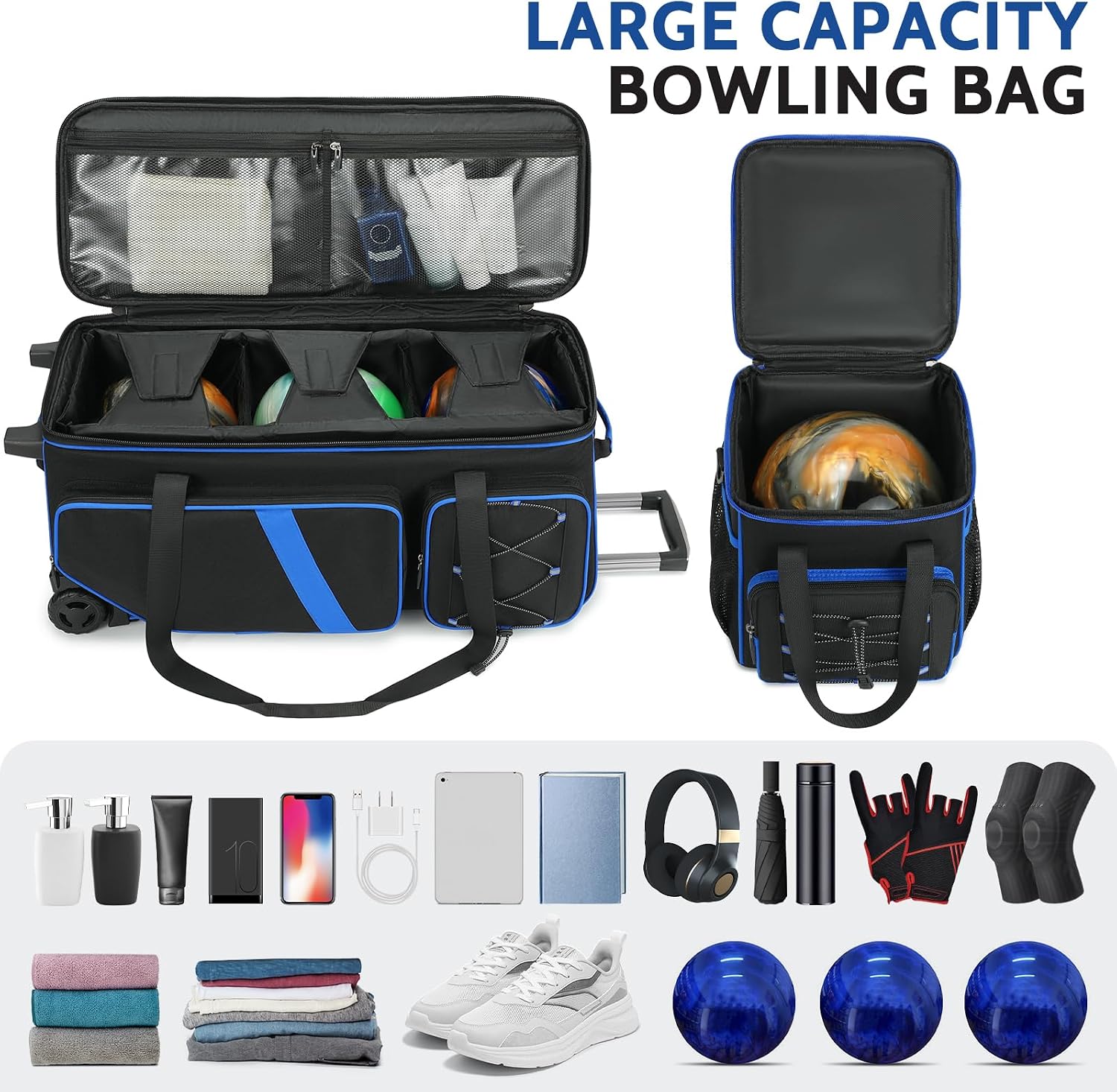 4 Ball Bowling Bag with Wheels, 3 Ball Bowling Bags Roller with 1 Ball Add On Bag, Multi-Pockets & Shoe Compartment (Fits Up to Size 16)