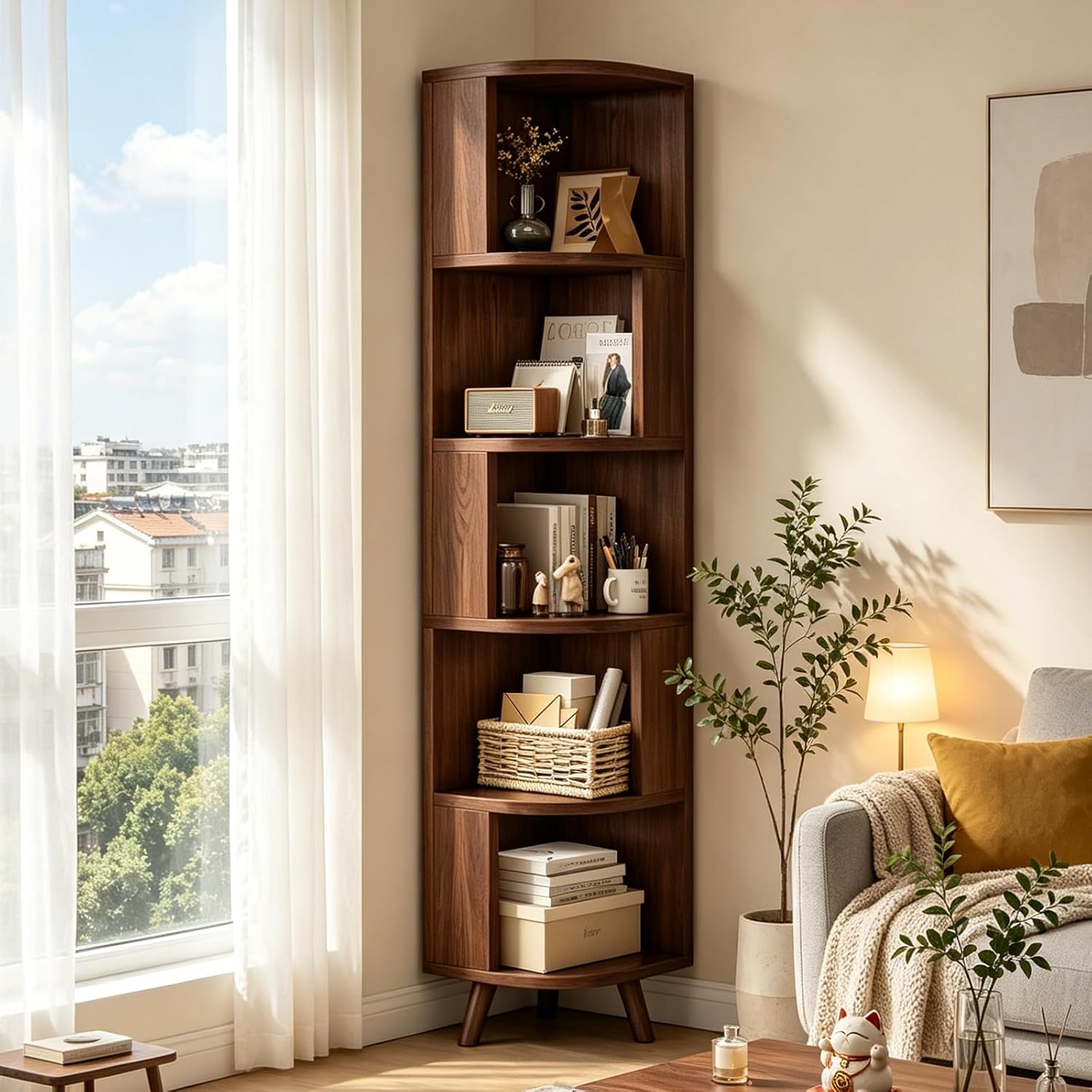 5-Tier Corner Shelf, Tall Modern Corner Bookshelf, 5 Shelf Corner Bookcase with Baffle, Freestanding Wood Corner Display Storage Shelf Organizer for Living Room, Office (Walnut)