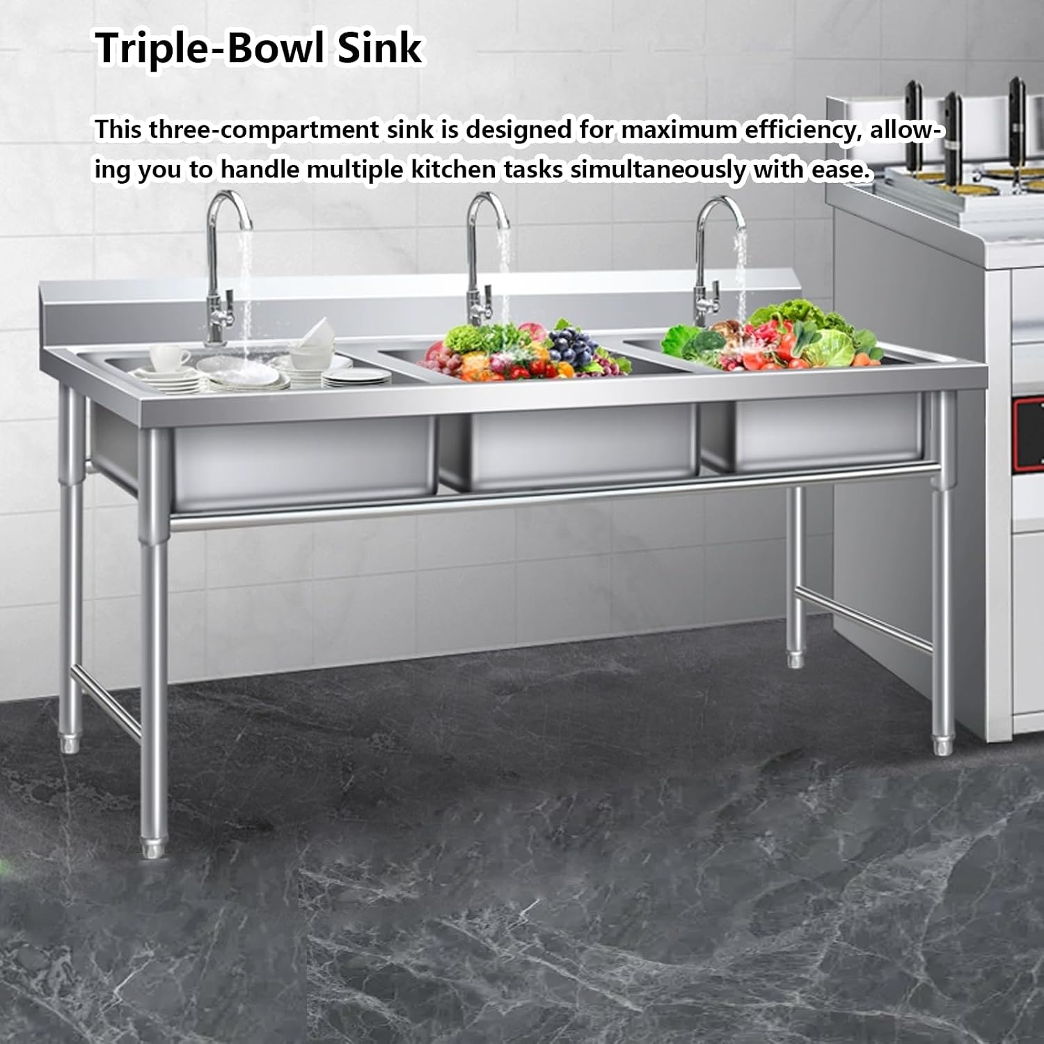 Commercial Triple Bowl Kitchen Sink, Stainless Steel Utility Sink, Washing Basin for Indoor Outdoor Garage Backyard(100X50cm/39.3X19.6in)