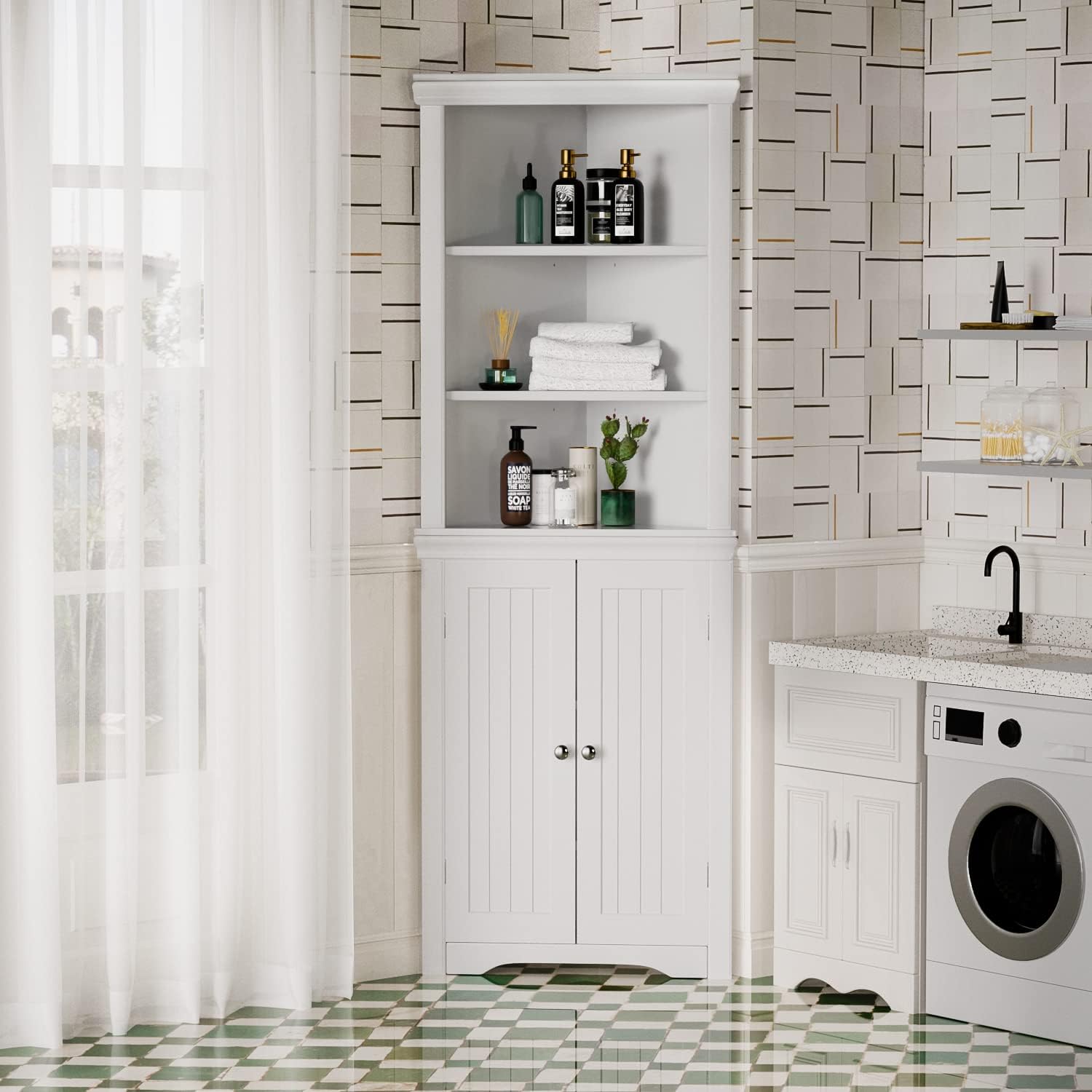JUMMICO Corner Cabinet Corner Bathroom Cabinet with 2 Doors and 3 Tier Shelves Free Standing Corner Storage Cabinet for Bathroom, Living Room, Bedroom or Kitchen (White)