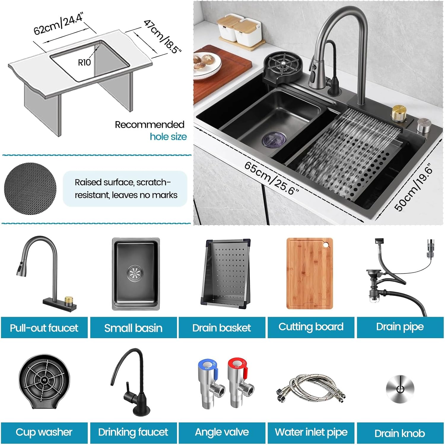 Gold Stainless Steel Single Bowl Kitchen Sink With Drainer, Drop In/Undermount Large Workstation Sink, Includes Pull Out Faucet, Cup Washer, Basin, Drain Basket, Full Waste Kit(Black,65x50x22cm)