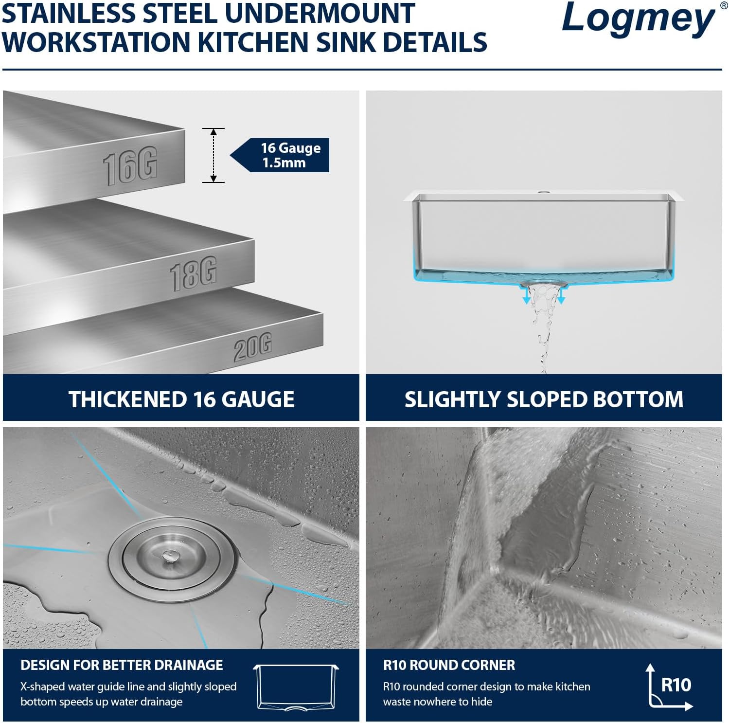 Logmey 30 Inch Drop In Kitchen Sink 30x22x9 All in One Workstation Topmount Sinks Stainless Steel 16 Gauge Single Bowl Overmount Kitchen Sink