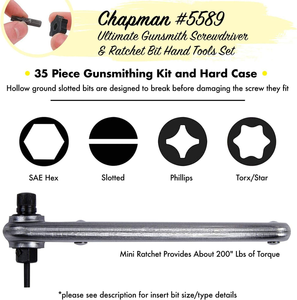 Chapman MFG 5589 Ultimate Gunsmith Screwdriver Set - Slotted, SAE Hex, Phillips, Grip Screw & Star Bits (Fit Torx Screws) - 32 USA Made Bits + Mini Ratchet, Screwdriver Handle, Spinner & Extension
