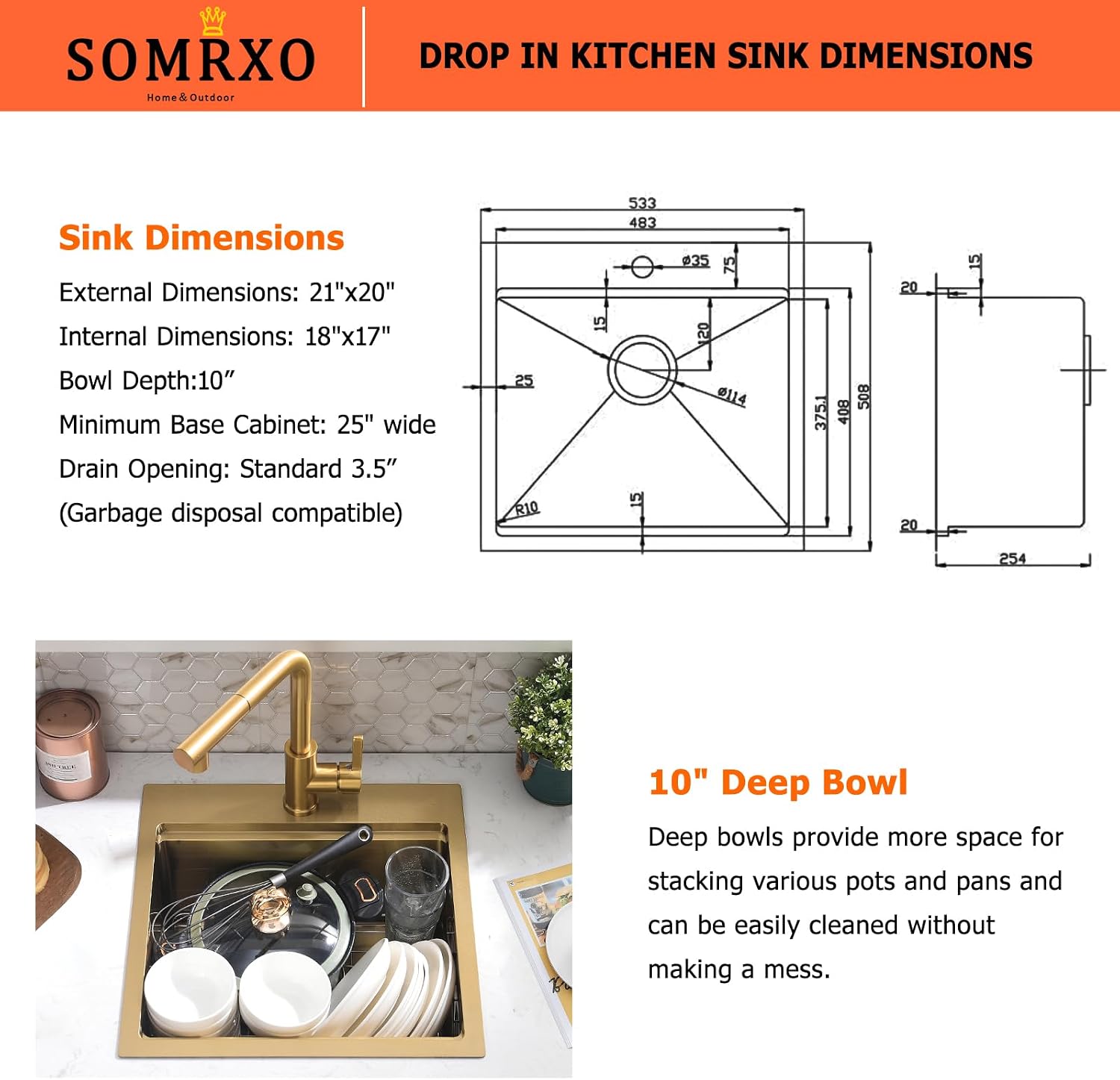 21x20 Inch Drop In Bar Sink - 16 Gauge Gold Stainless Steel Small Kitchen Sink, 10' Deep Single Bowl Workstation Sinks with Accessories for RV, Outdoor Kitchen & Wet Bar
