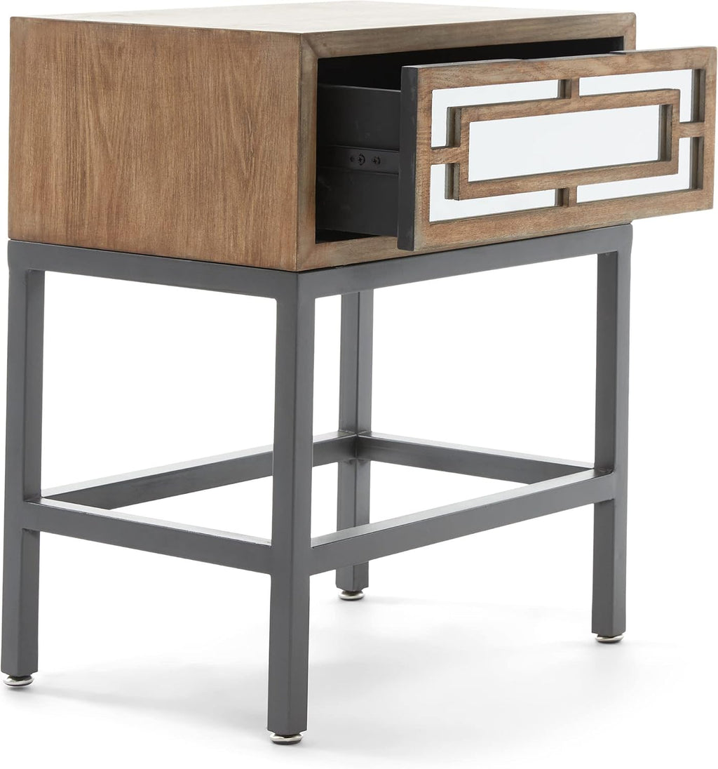 Tommy Hilfiger Hayworth Side Table, Mirrored Storage Drawer with Wood Overlay, Wooden Frame, Metal Base, Ideal in Small Spaces, EndTable, BedsideTable, Nightstand for Living Room or Bedroom, Ash Gray
