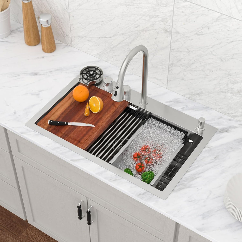 Logmey 30' Luxury Waterfall Sink Nano PVD Drop in Kitchen Sink with Faucet,16 Gauge Stainless Single Bowl Sinks with Two Knobs,Dual Split Rain Fall,Double Step,30x19x9