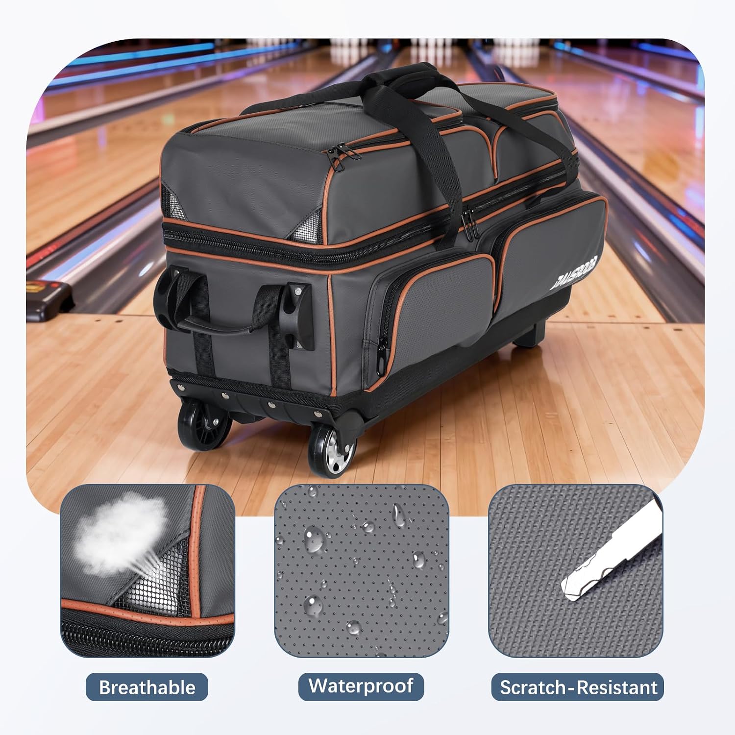 3 Ball Bowling Bags with Wheels, Bowling Bags 3 Ball Roller - 900D Oxford Waterproof PU, Bowling Bag with Multi-Separate Storage Pockets & Retractable Handle Extends to 40''