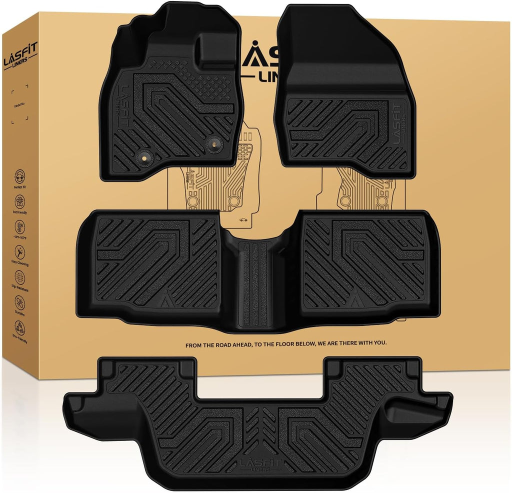 LASFIT Floor Mats for Ford Explorer 2015-2019 7 Seater All Weather TPE Car Liners Custom Fit for Front, Rear and 3rd Row, Black 4pcs