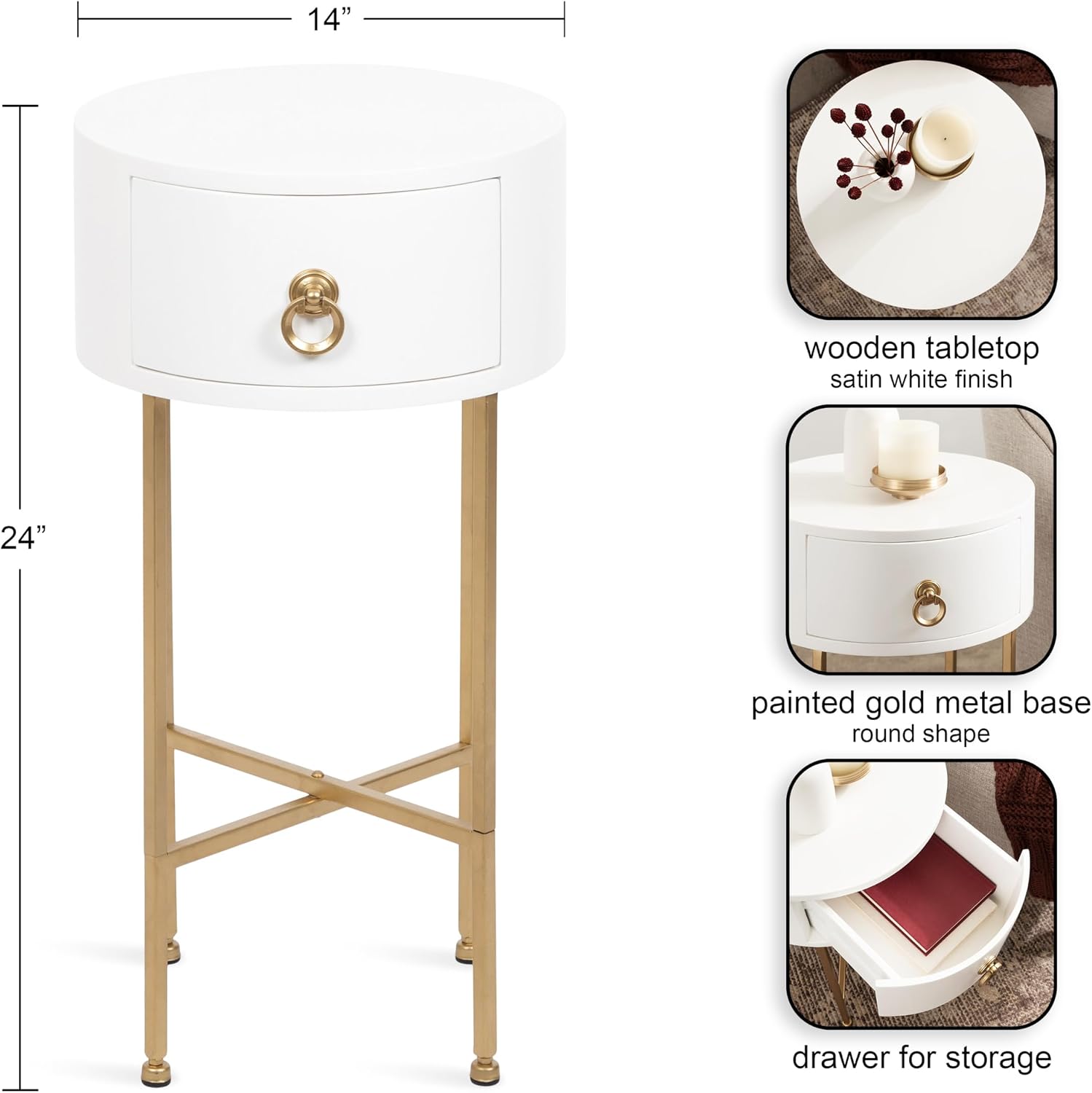 Kate and Laurel Decklyn Decorative Glam Round Side Table; 14 x 14 x 24; White and Gold; Modern Circle Living Room Table with Pull Drawer for Useful Storage