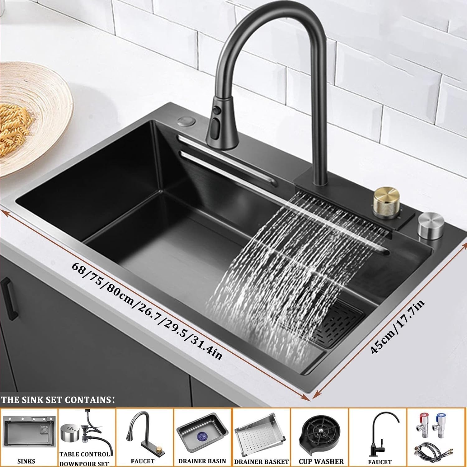 304 Stainless Steel Kitchen Sink Black Single Bowl Bar Prep Sink Rv Sink with Faucet & Drain Assembly Drop in Or Under Mount (Color : Grey, Size : 80x45x22cm) (Gun Grey 68x45x22cm)