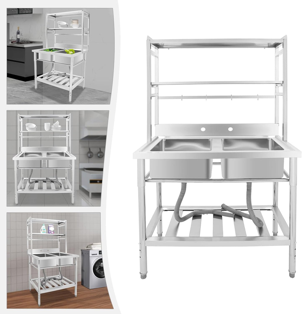 Double Stainless Steel Sink with Bracket,2 Compartment Commercial Stainless Steel Utility Sink Free Standing Sink Kitchen Sink with 2 Drains, 35x21x68' (2 Bowl with Bracket)