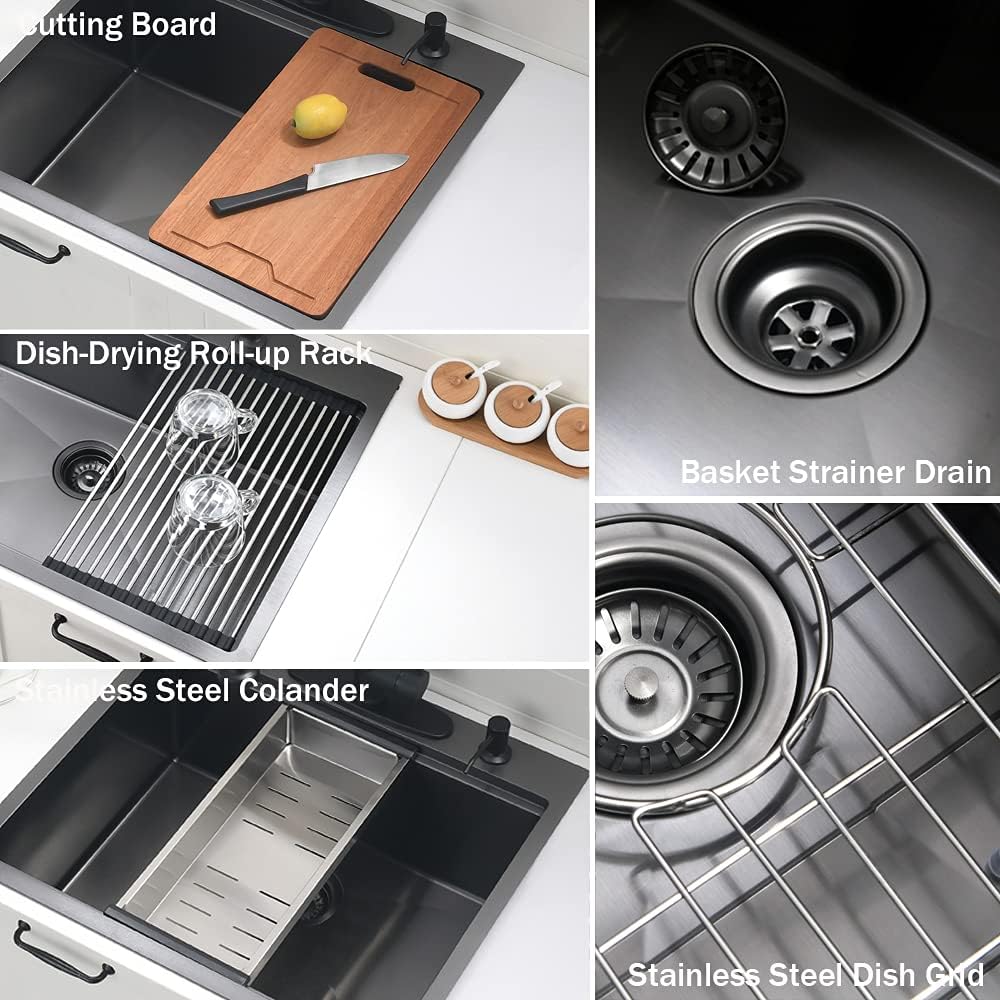 25 Inch Drop In Kitchen Sink Black - VOKIM 25x22-Inch Drop In/Topmount sink Workstation 16 Gauge Stainless Steel 10'' Deep Single Bowl Handmade Kitchen Sink with Cutting Board& Strainer