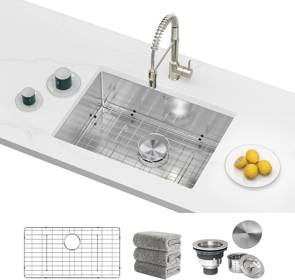 Kitchen Sinks 23x18 Inch Undermount Kitchen Sink Stainless Steel Sink 16 Gauge Single Bowl Sinks Set (5 Item Bundle: Sink, Bottom Grid, Drain Assembly, Drain Cap, Towel)