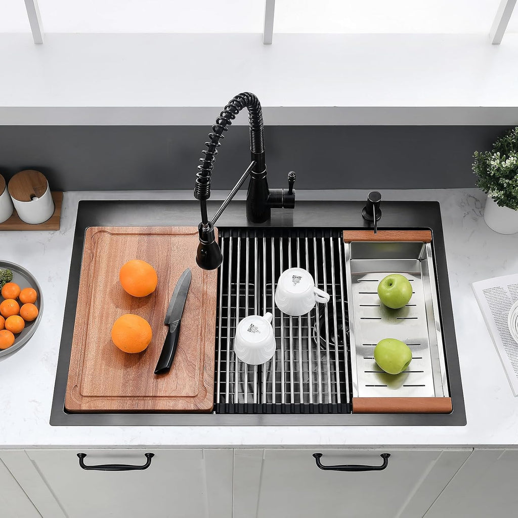 33x22 Black Double Bowl Drop In Kitchen Sink Workstation - 16 Gauge Stainless Steel Workstation Sinks 50/50 Split, Top Mount Drop In Kitchen Sink Double Bowl with Accessories
